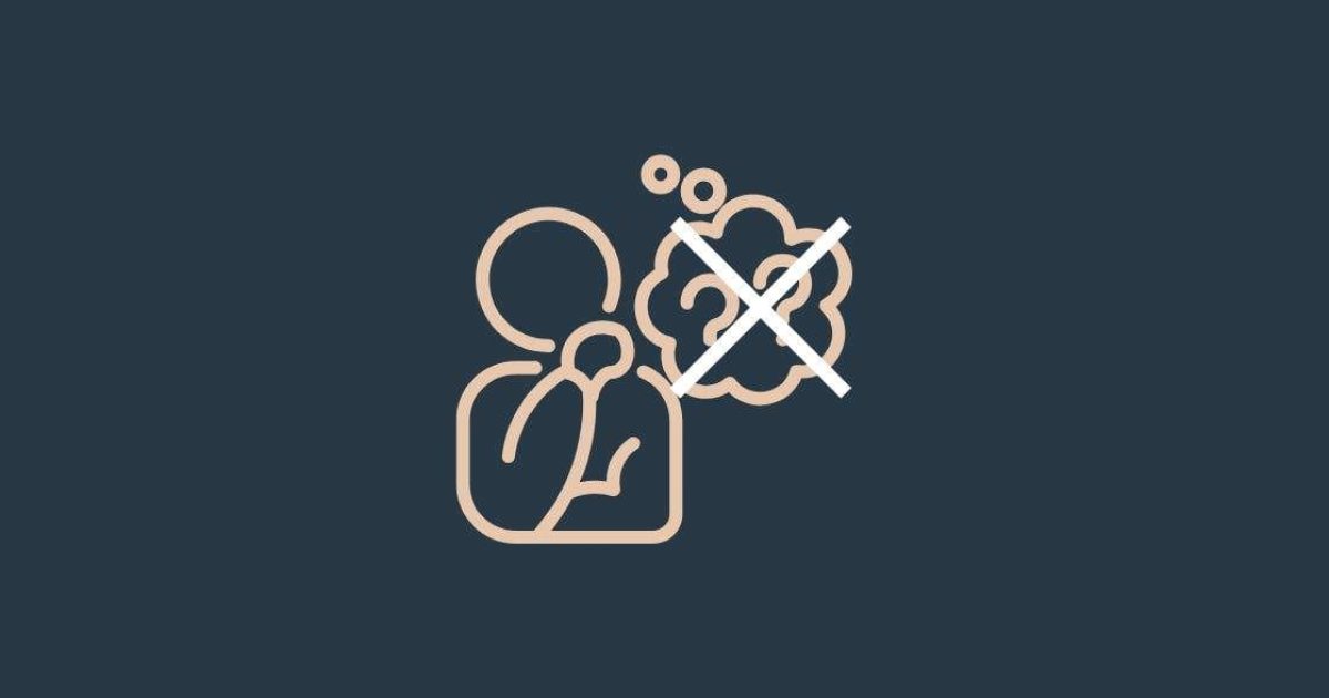 Denkende persoon met denkballon met vraagtekens en kruis er doorheen